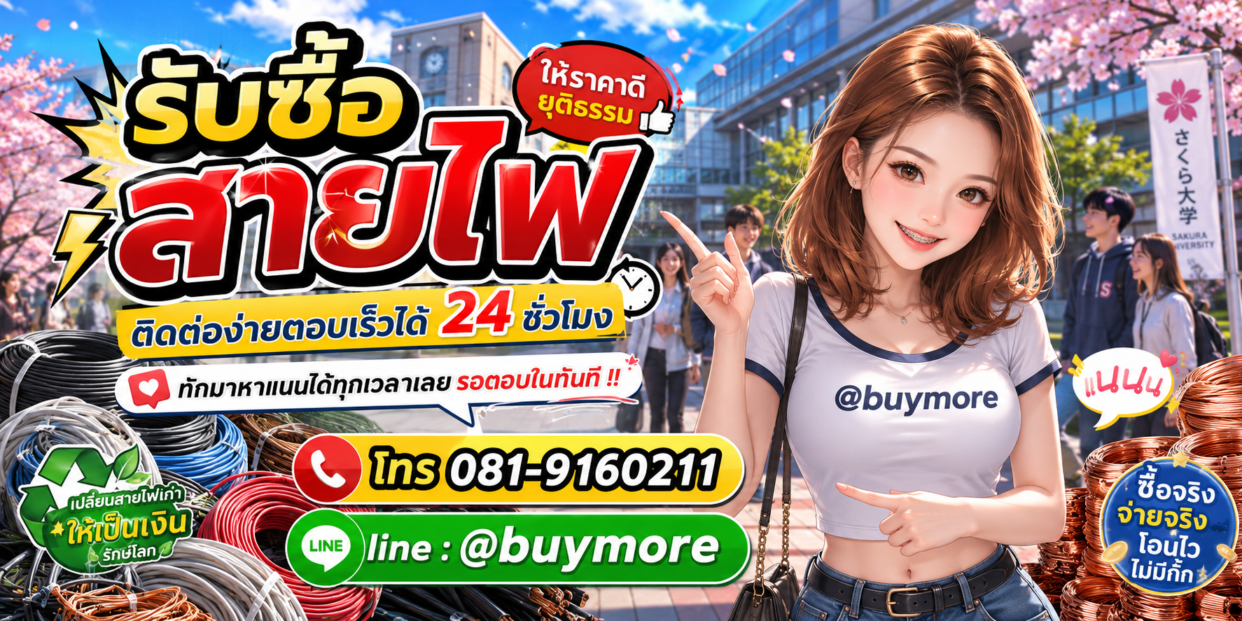 รับซื้อสายไฟ ติดต่อ Buymore 24 ชั่วโมง โทร 081-9160211 LINE @buymore